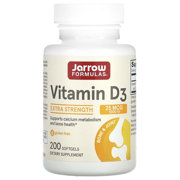 Jarrow Formulas, Vitamin D3, Cholecalciferol, Extra Strength, 25 mcg (1,000 IU), 200 Softgels