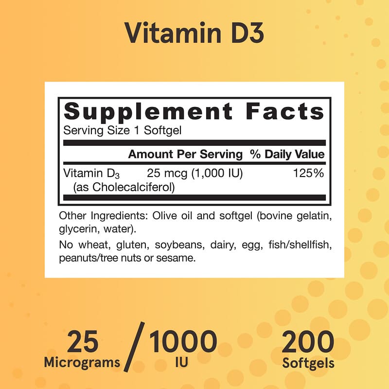 Jarrow Formulas, Vitamin D3, Cholecalciferol, 25 mcg (1.000 IU), 200 Weichkapseln