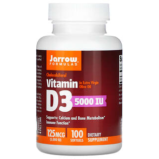 Jarrow Formulas, Vitamine D3, Cholécalciférol, 125 µg (5000 UI), 100 capsules à enveloppe molle