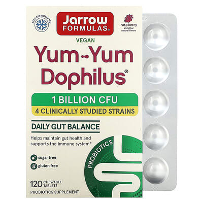 Jarrow Formulas, Yum-Yum Dophilus Sugar-Free Chewable Tablets, Natural Raspberry Flavor, 120 Chewable Tablets