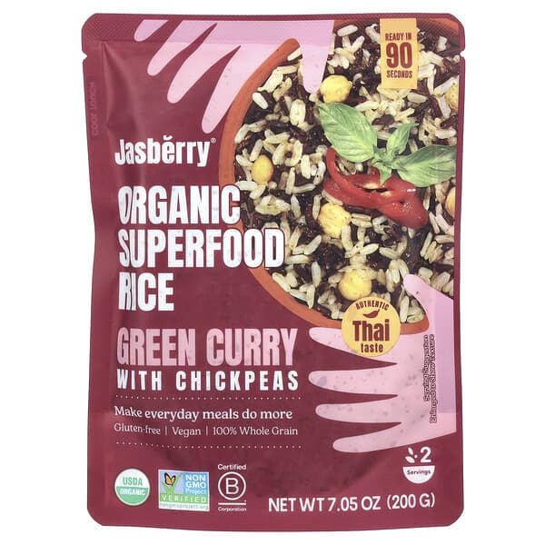 Jasberry, 有機 Superfood 大米，青咖喱配鷹嘴豆，7.05 盎司（200 克）