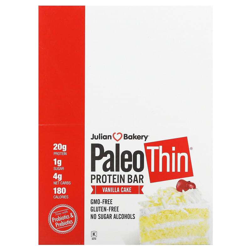 Barrita proteica fina Paleo, Pastel de vainilla`` 12 barritas, 62 g (2,19  oz) cada