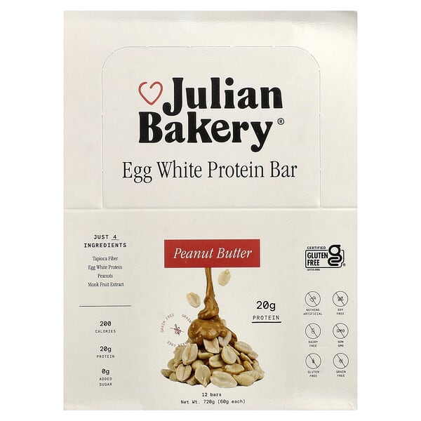 Julian Bakery, Egg White Protein Bar, Peanut Butter, 12 Bars, 2.1 oz (60 g) Each