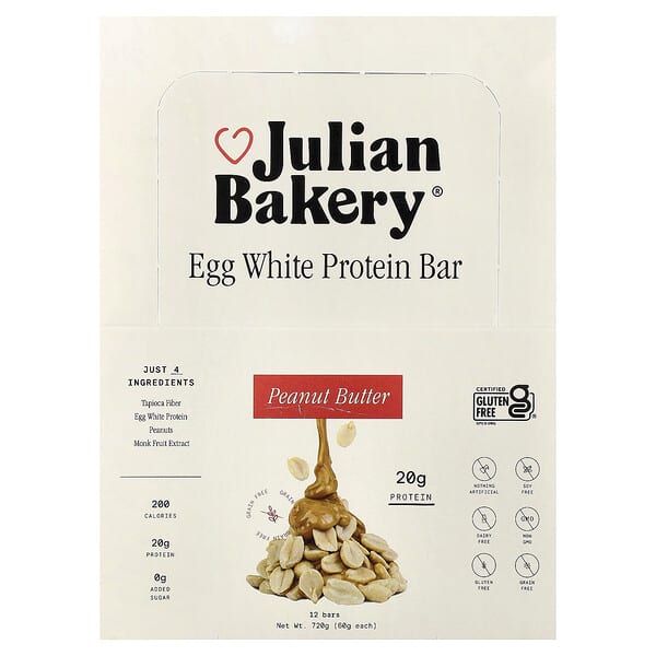 Julian Bakery, Egg White Protein Bar, Peanut Butter, 12 Bars, 2.1 oz (60 g) Each