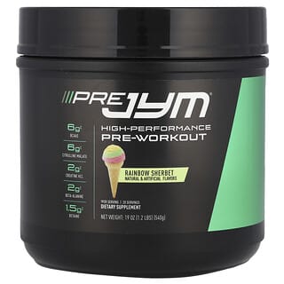 JYM Supplement Science, Pré JYM, Pré-treino de Alto Desempenho, Sorvete Rainbow, 540 g (1,2 lb)