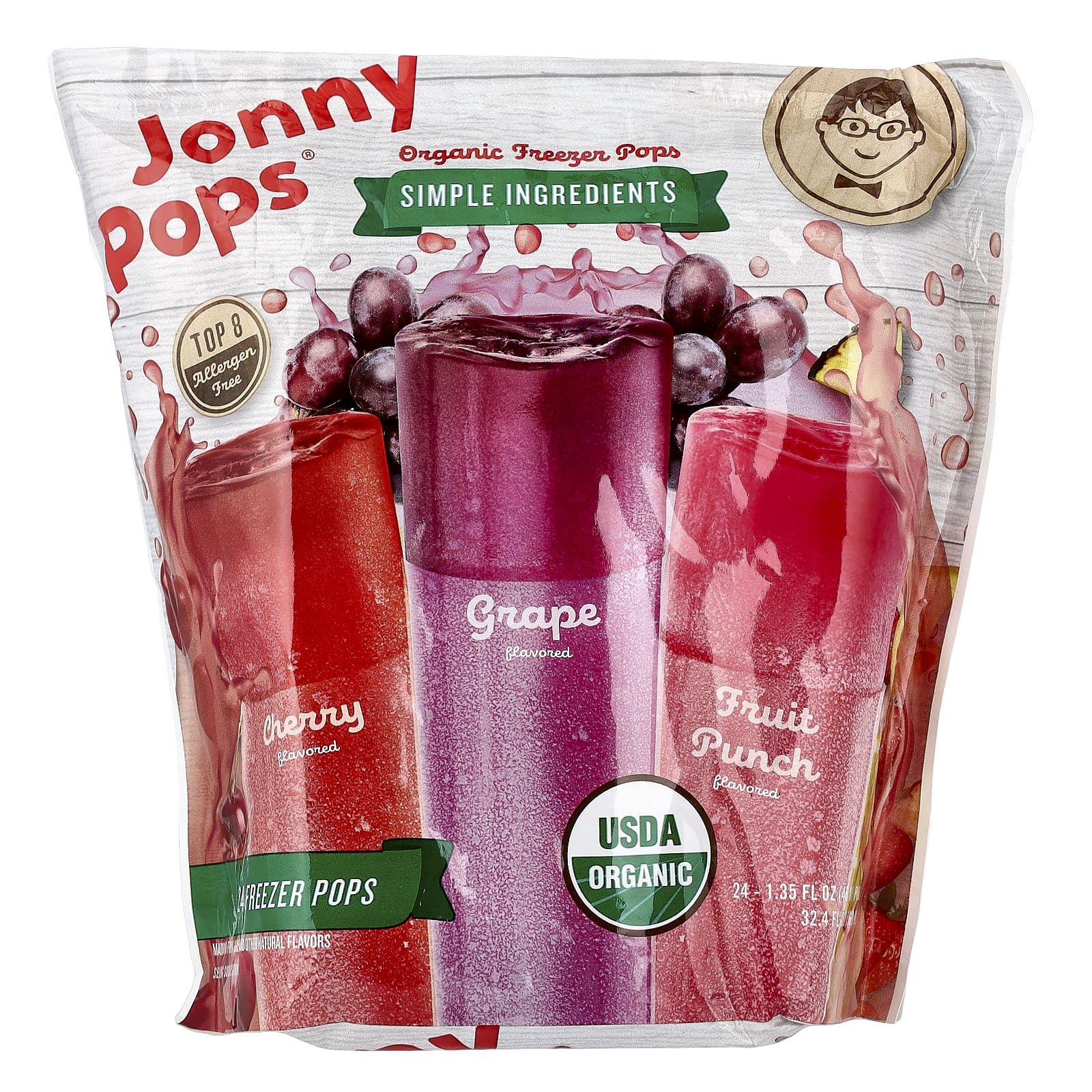 JonnyPops, органические леденцы для замораживания, вишня, виноград, фруктовый пунш, 24 шт. по 40 мл (1,35 жидк. унции)