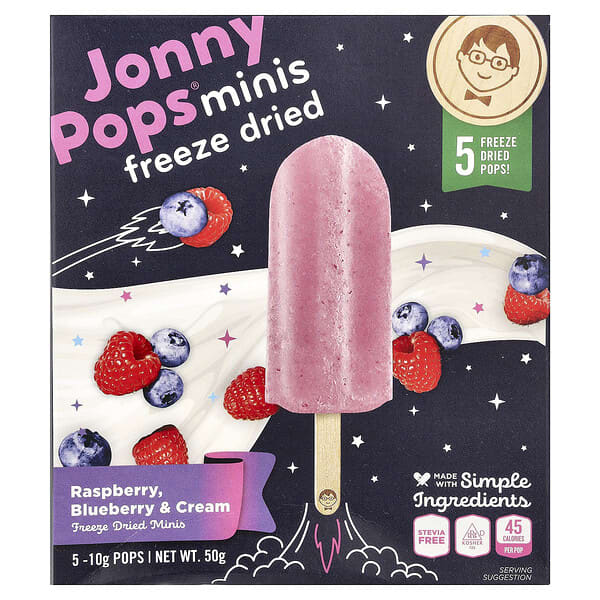 JonnyPops, Bocadillos liofilizados, Frambuesa, arándano azul y crema, 5 paletas, 10 g cada una