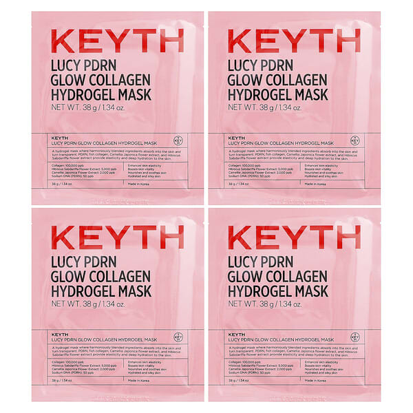 KEYTH, Lucy PDRN Glow Collagen Hydrogel Beauty Mask, 4 Sheets, 1.34 oz (38 g) Each