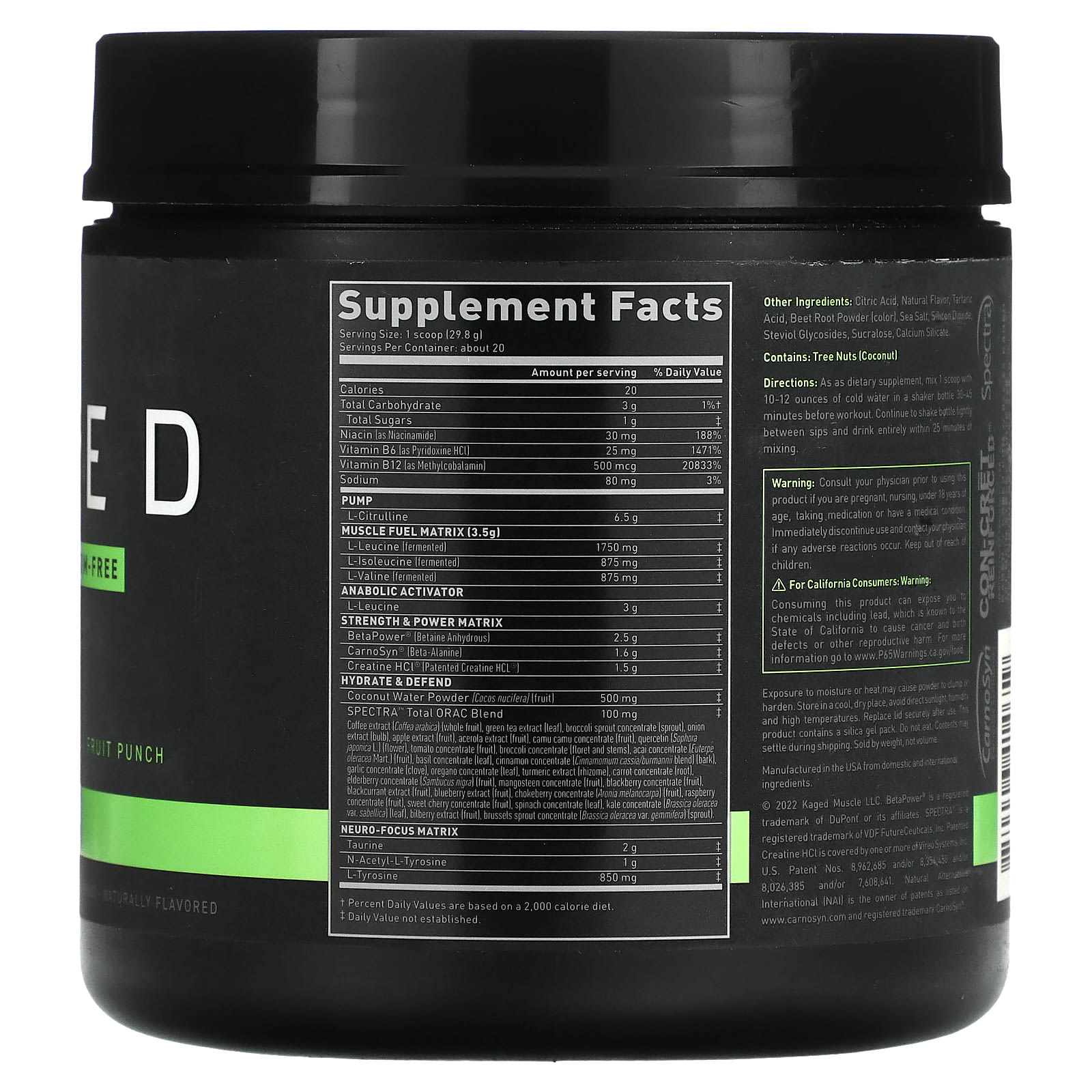 Kaged, PREKAGED（プレケージド）、刺激剤不使用プレワークアウト、フルーツパンチ味、596g（1.31ポンド）