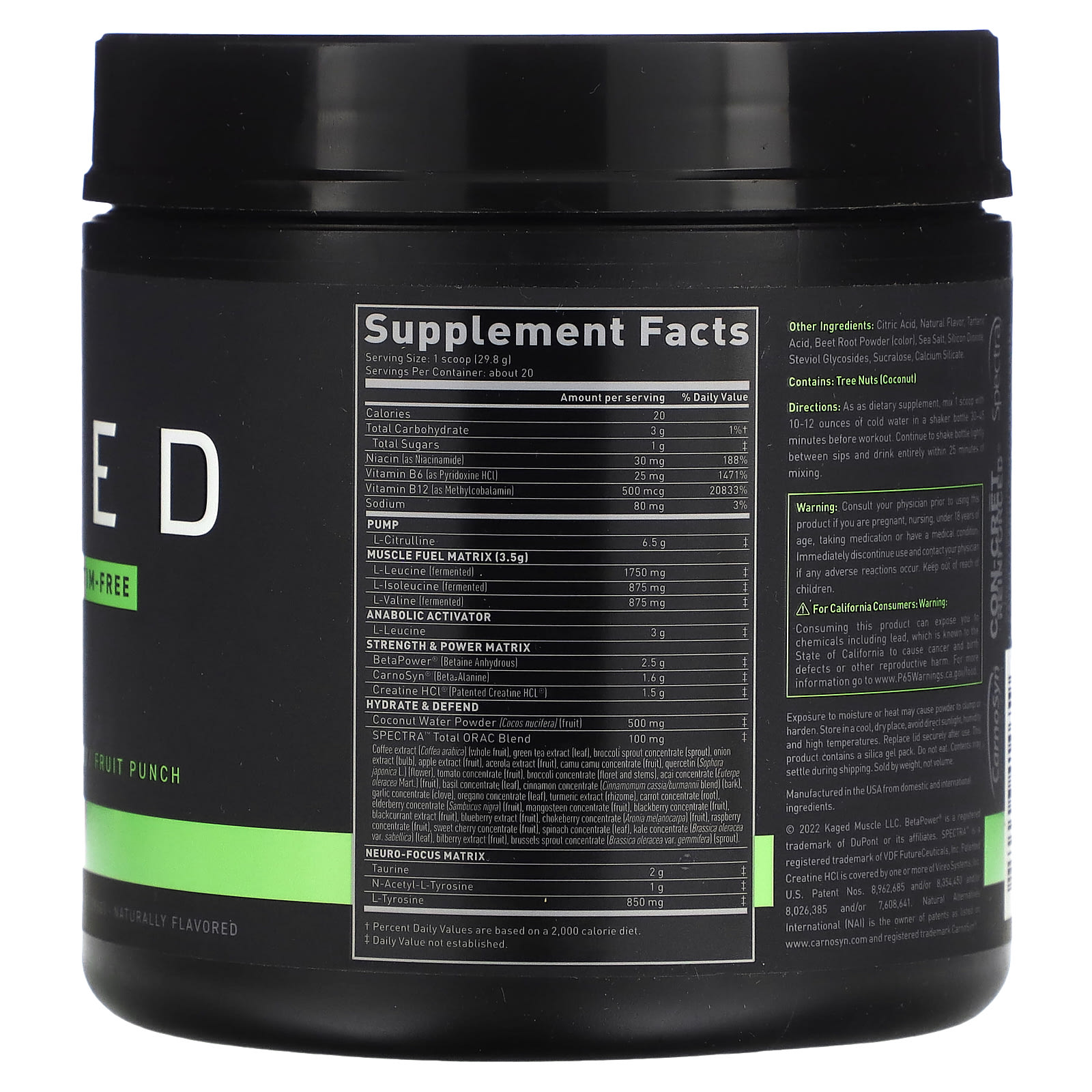 Kaged, PREKAGED（プレケージド）、刺激剤不使用プレワークアウト、フルーツパンチ味、596g（1.31ポンド）