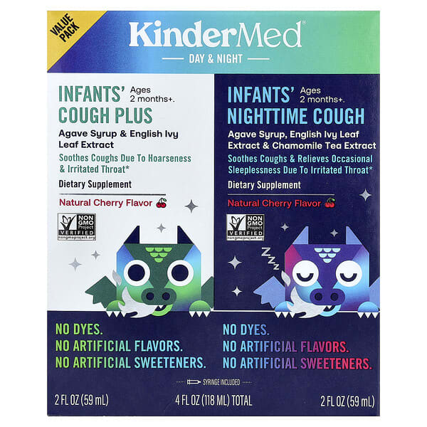 KinderFarms, KinderMed®, Infants' Cough Plus & Infants' Nighttime Cough, Ages 2 Months+, Natural Cherry, 2 Bottles, 2 fl oz (59 ml) Each — product photo 1