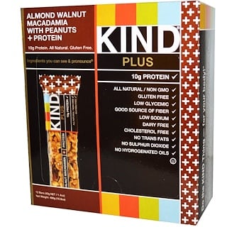 KIND Bars, Kind Plus, Фруктово-ореховые батончики с миндалем, грецким орехом, макадамией и ананасом, обогащенные белком, 12 батончиков, 1,4 унции (40 г) каждый