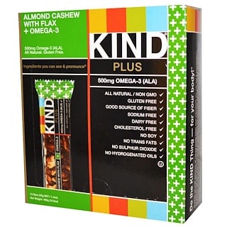 KIND Bars, Kind Plus, фруктовые батончики с орехами кешью, миндалем, со льном и кислотами ряда омега-3, 12 батончиков по 1,4 унции (40 г) каждый