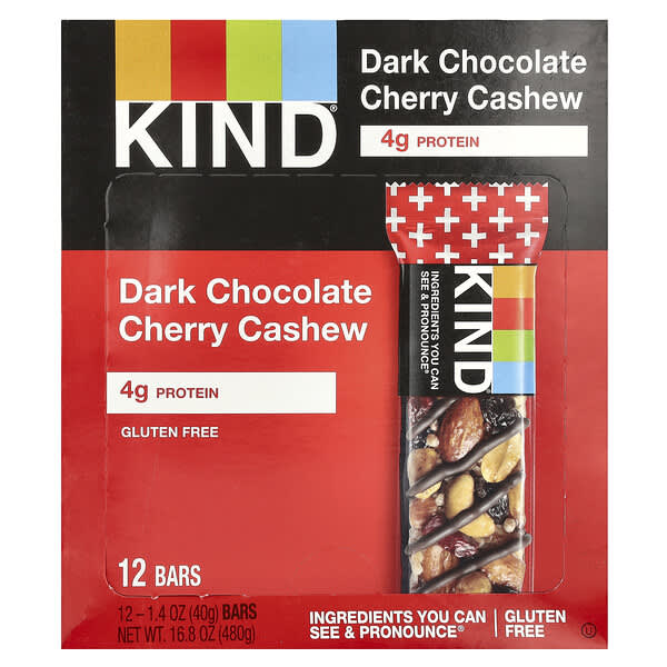 KIND Bars, Kind 플러스, 다크 초콜릿 체리 캐슈 + 항산화제, 바 12개, 개당 40g(1.4oz)