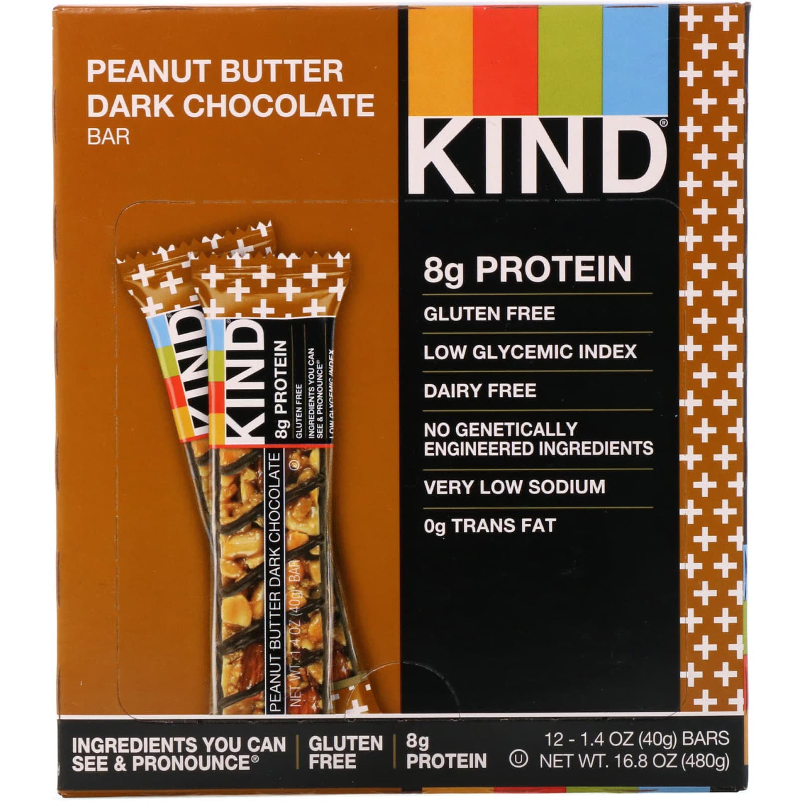 KIND Bars, Kind Plus, Peanut Butter Dark Chocolate Bar, 12 Bars, 1.4 oz