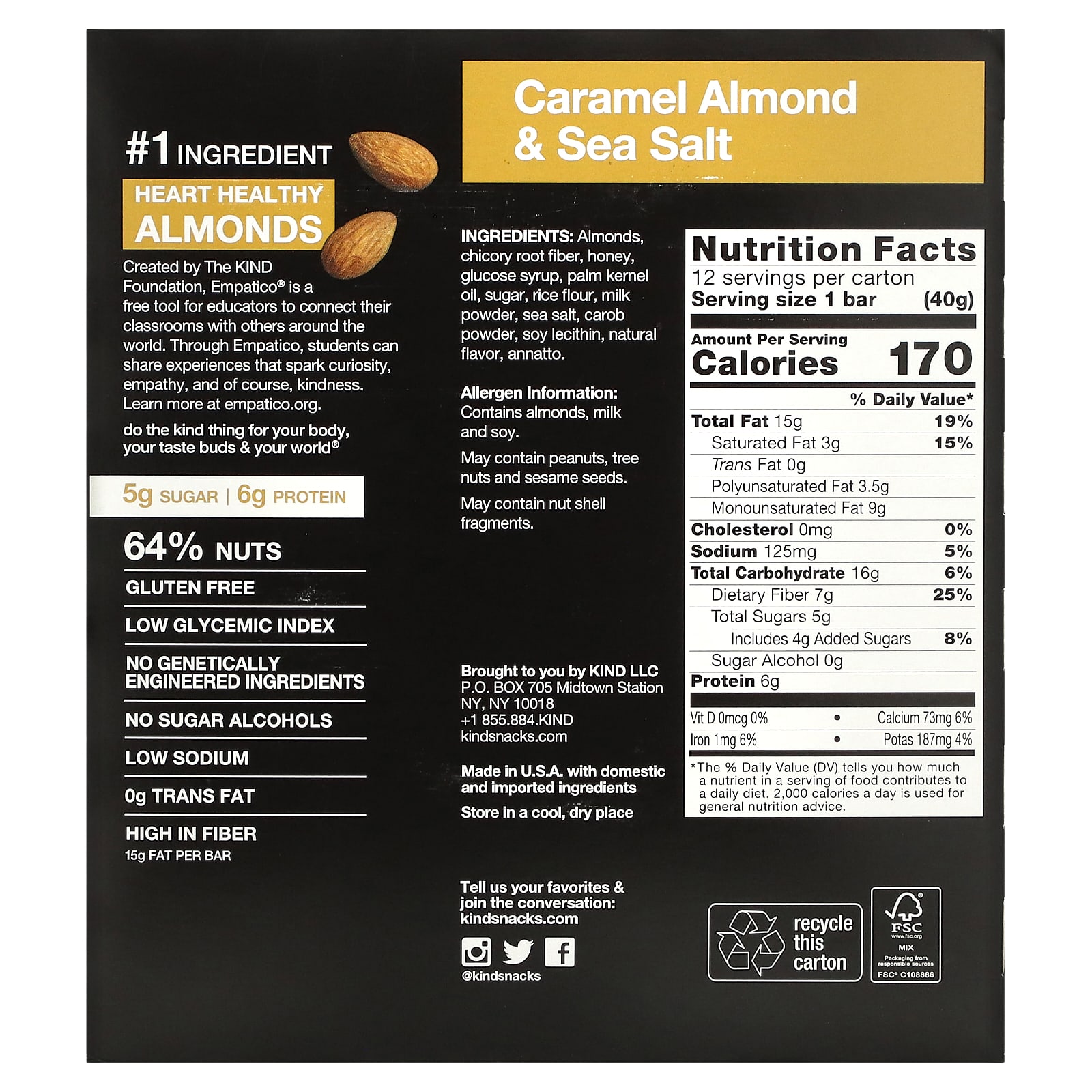 KIND Bars, Nuts & Spices, Caramel Almond & Sea Salt, 12 Bars, 1.4 oz (40 g) Each