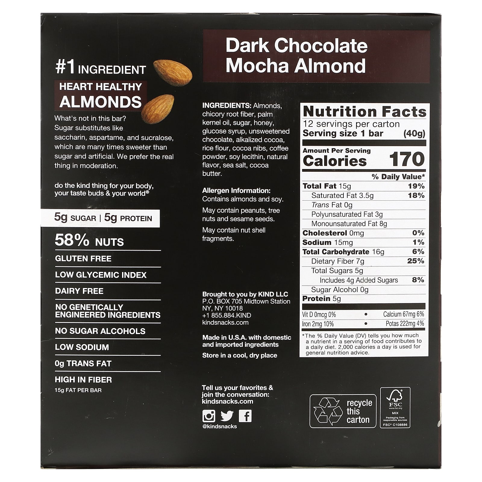 Kind Bars Noix Et Epices Chocolat Noir Moka Et Amandes 12 Barres 40 G Chacune