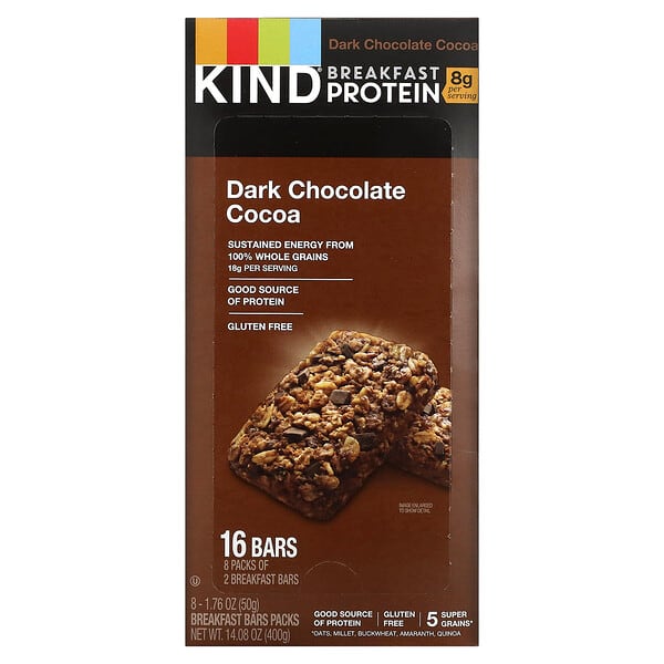 KIND Bars, 早餐蛋白，黑巧克力可可，8 包 2 塊，每塊 1.76 盎司（50 克）