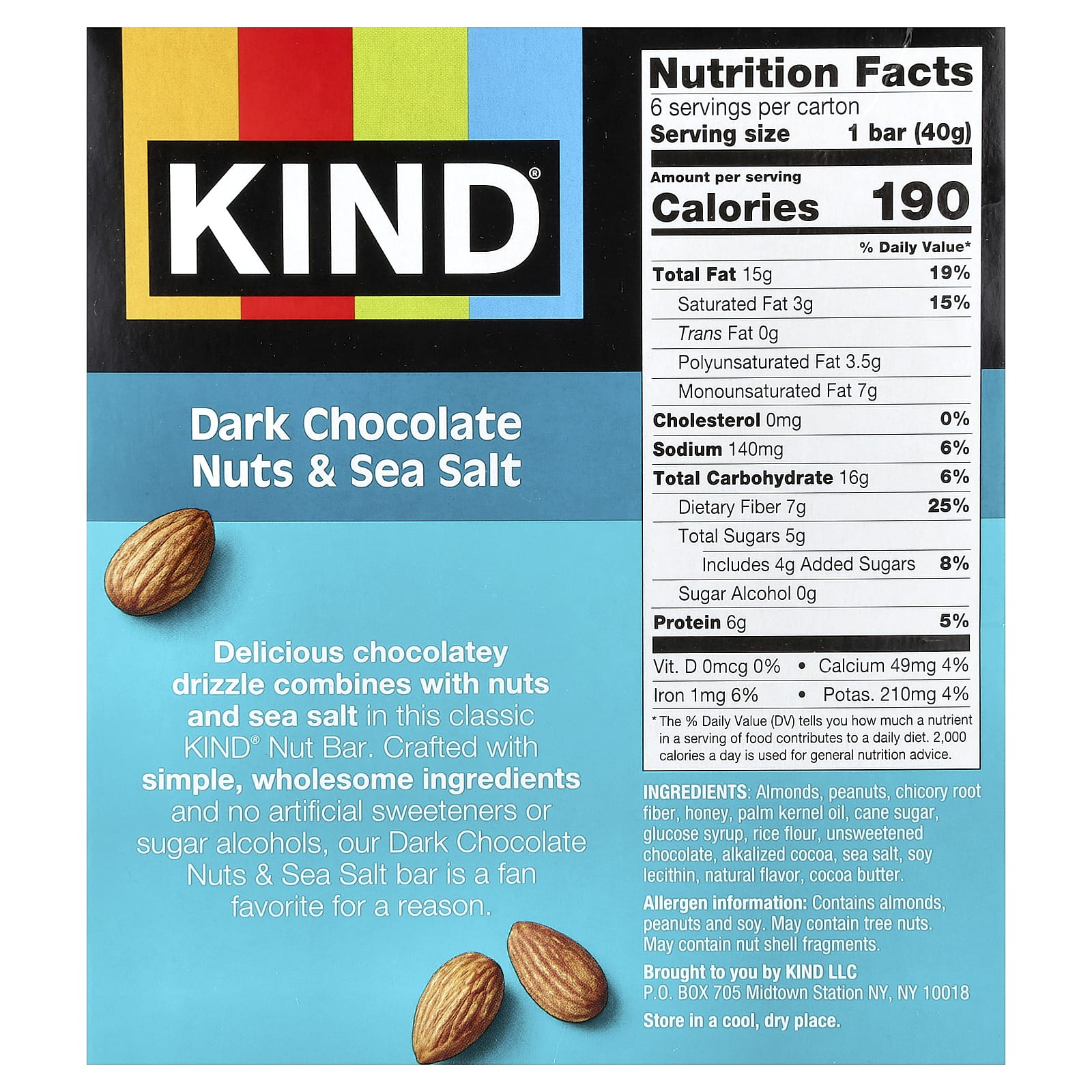 KIND Bars, 蛋白棒，黑巧克力堅果和海鹽，6 根，每根 1.4 盎司（40 克）