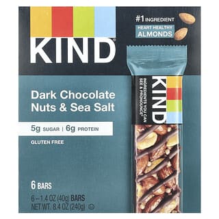 KIND Bars‏, חטיפי חלבון, שוקולד מריר, אגוזים ומלח ים, 6 חטיפים, 40 גרם (1.4 אונקיות) כל אחד