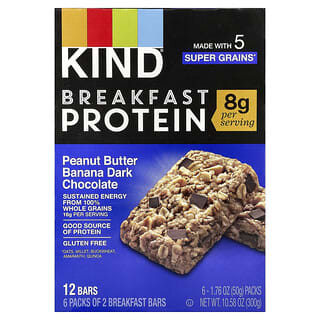 KIND Bars, Barres protéinées pour le petit déjeuner, Chocolat noir au beurre de cacahuète et à la banane, 6 sachets, 50 g pièce
