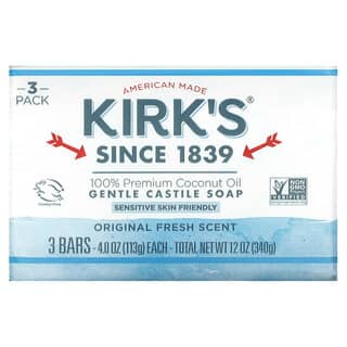 Kirk's, صابون قشتالي خفيف بزيت جوز الهند الفاخر بنسبة 100٪، رائحة أصلية منعشة، 3 صابونات، 4 أونصات (113 جم) لكل صابونة
