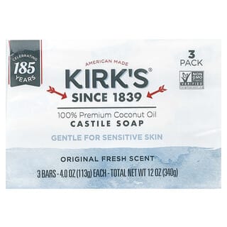 Kirk's, Jabón de Castilla suave con aceite de coco 100% prémium, Aroma fresco original, 3 barras, 113 g (4 oz) cada una