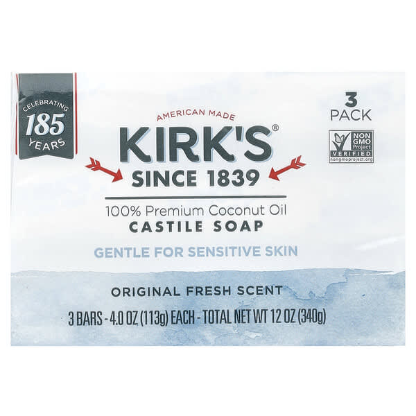 Kirk's, 100% 프리미엄 코코넛오일 순한 카스티야 비누, 오리지널 프레쉬 센트, 3개, 각 113g(4oz)