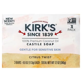 Kirk's, Sabonete de Castela com Óleo de Coco 100% Premium, Toque Cítrico, 3 Barras, 113 g (4 oz) Cada
