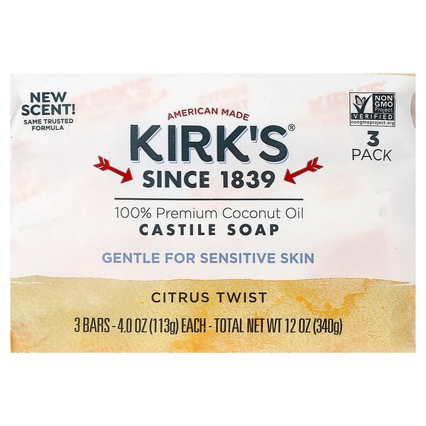 Kirk's, 100% 프리미엄 코코넛오일 카스티야 바 비누, 시트러스 트위스트, 바 3개, 각 113g(4oz)
