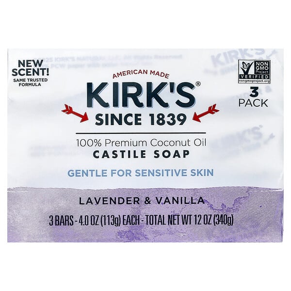 Kirk's, 100% 프리미엄 코코넛오일 카스티야 바 비누, 라벤더 및 바닐라, 바 3개, 각 113g(4oz)