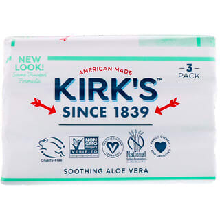 Kirk's, صابون قشتالي لطيف بزيت جوز الهند الفاخر 100٪، الصبار الشائع المهدئ، 3 صابونات، 4 أونصات (113 جم) لكل صابونة