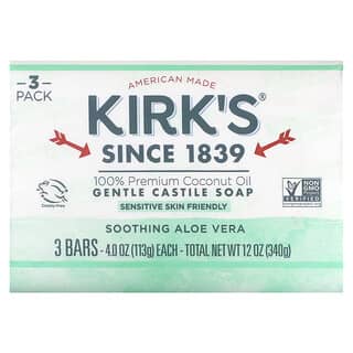 Kirk's, صابون قشتالي لطيف بزيت جوز الهند الفاخر 100٪، الصبار الشائع المهدئ، 3 صابونات، 4 أونصات (113 جم) لكل صابونة