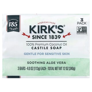 Kirk's, 100% кастильское мыло премиального качества с кокосовым маслом, успокаивающее алоэ вера, 3 бруска по 113 г (4 унции)