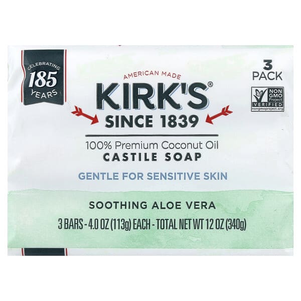 Kirk's, 100% 프리미엄 코코넛오일 카스티야 바 비누, 진정 작용 알로에베라, 바 3개, 각 113g(4oz)