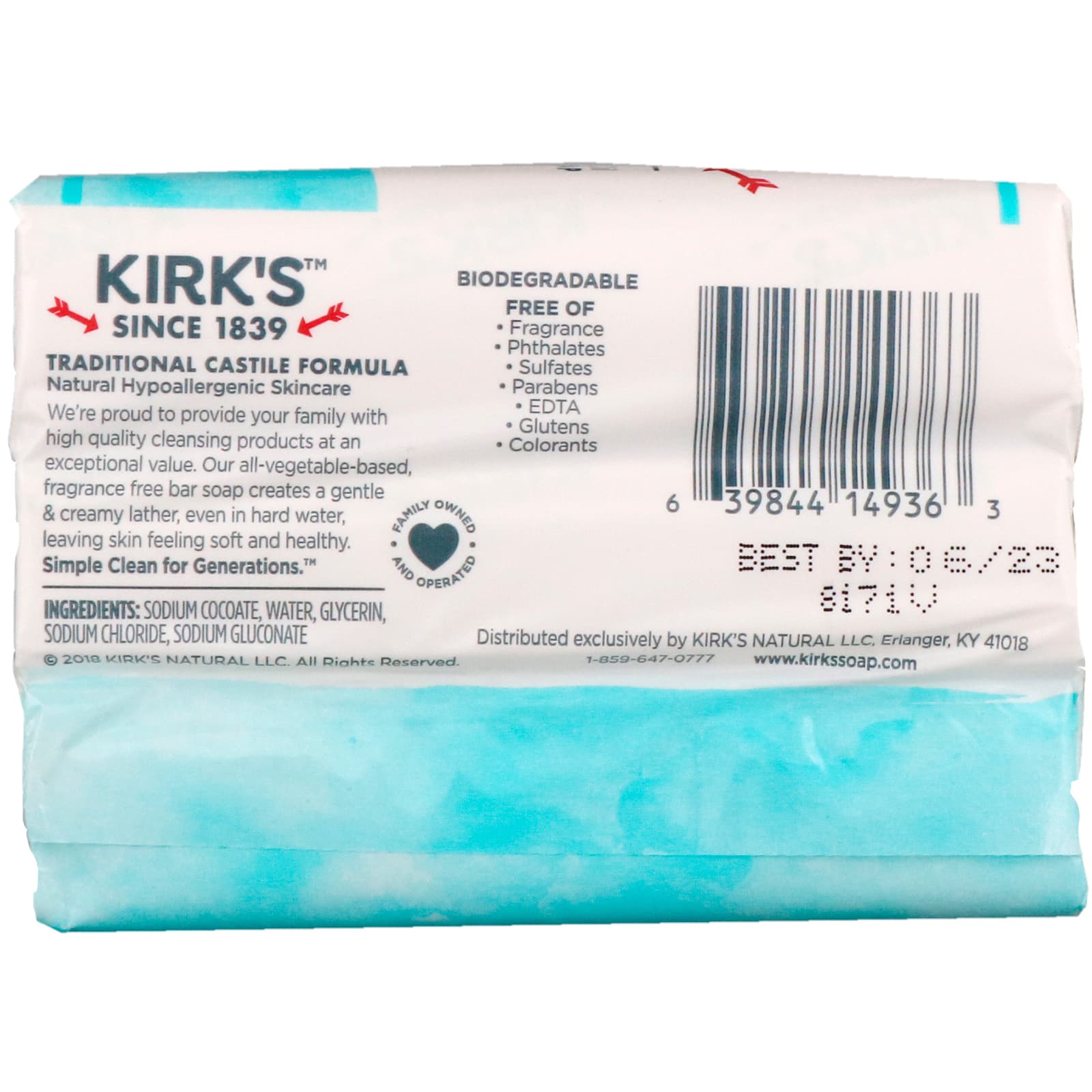 Kirk's, 100% Premium Coconut Oil Gentle Castile Soap, Fragrance Free, 3 ...