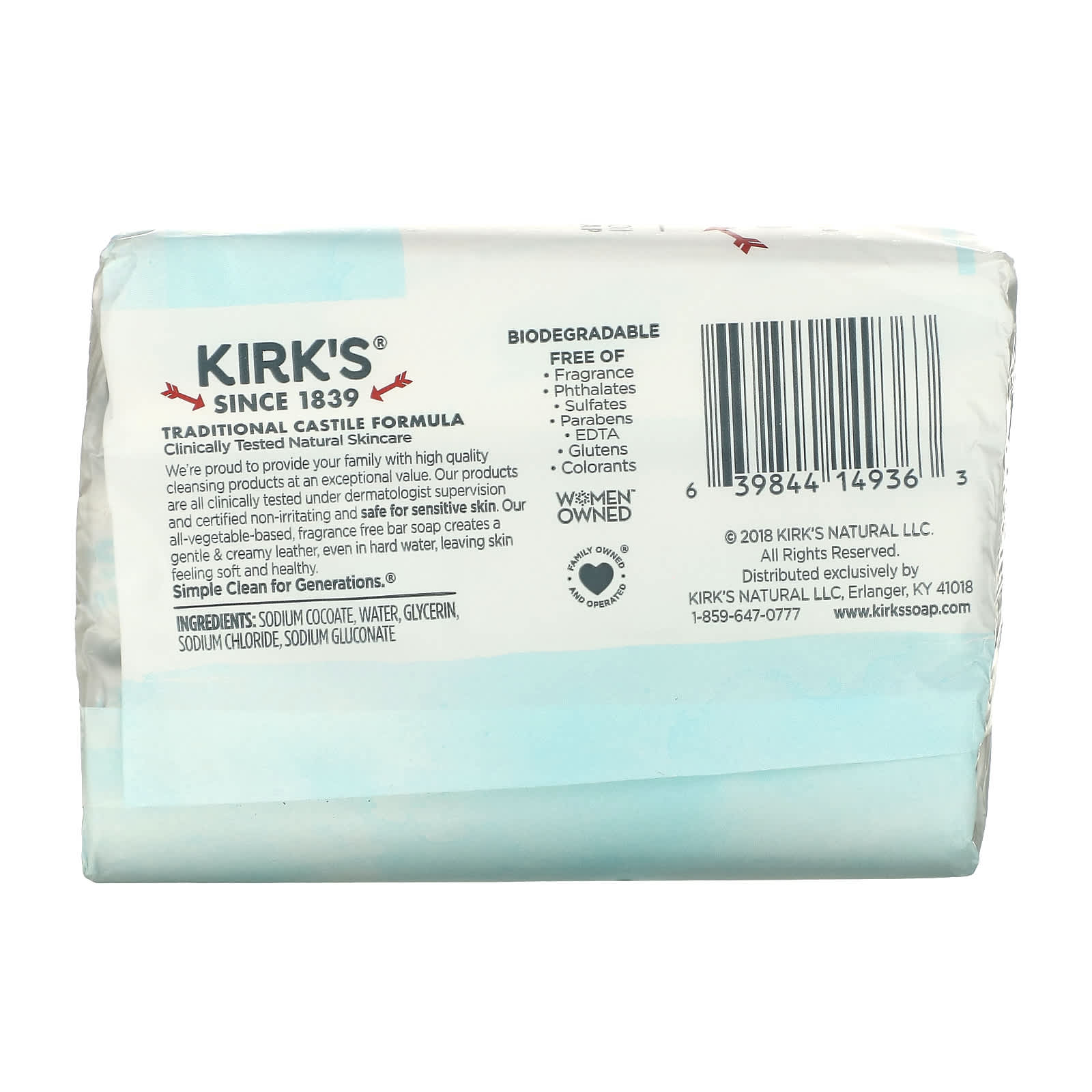 Kirk's, 100 Premium Coconut Oil Gentle Castile Soap, Fragrance Free, 3