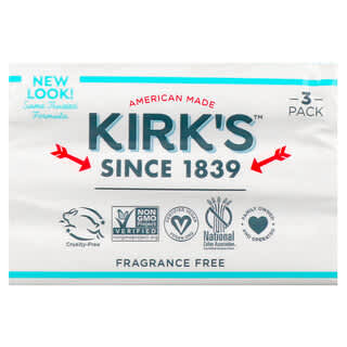 Kirk's, صابون قشتالي خفيف بزيت جوز الهند الفاخر بنسبة 100٪، خالٍ من العطور، 3 صابونات، 4 أونصات (113 جم) لكل صابونة