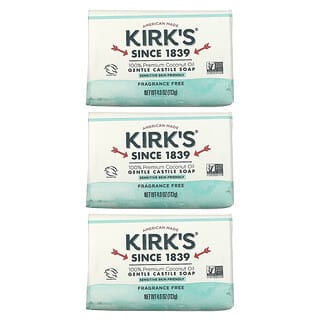 Kirks, 100% Premium Coconut Oil Gentle Castile Soap, Fragrance Free, 3 Bars, 4 oz (113 g) Each
