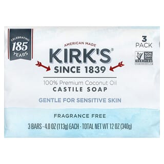 Kirk's, Jabón de Castilla en barra con aceite de coco 100 % prémium, Sin fragancia, 3 barras, 113 g (4 oz) cada una