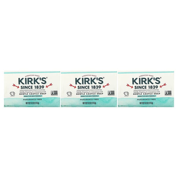 Kirk's, 100% Premium Coconut Oil Gentle Castile Soap, Fragrance Free, 3 ...