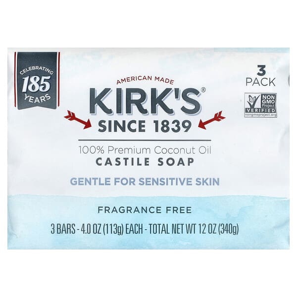 Kirk's, 100% 프리미엄 코코넛오일 카스티야 바 비누, 향료 무함유, 3개, 각 113g(4oz)
