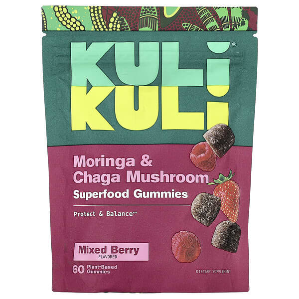 Kuli Kuli, 슈퍼푸드 구미젤리, 모링가 및 차가버섯, 혼합 베리, 식물성 구미젤리 60개