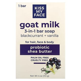 Kiss My Face, Pain de savon 3-en-1 au lait de chèvre, Cassis + vanille, 1 pain de savon, 113 g