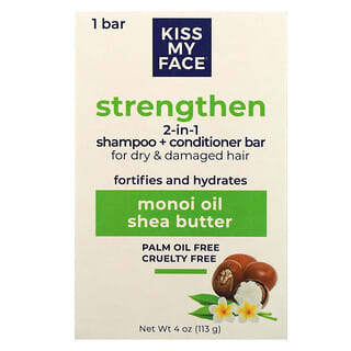 Kiss My Face, Barra de champú y acondicionador 2 en 1 fortalecedores, Para cabello seco y dañado, Aceite de monoi y manteca de karité, 1 barra, 113 g (4 oz)