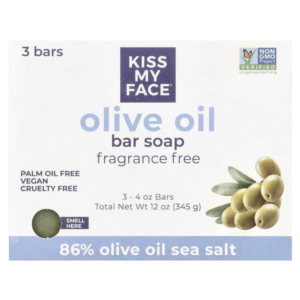 Kiss My Face, 순수 올리브오일 비누, 향료 무함유, 3개, 개당 115g(4oz)