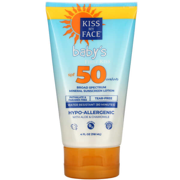 Kiss My Face, ベビーズファーストキス、広域スペクトルのミネラル日焼け止めローション、SPF50、118ml（4液量オンス）