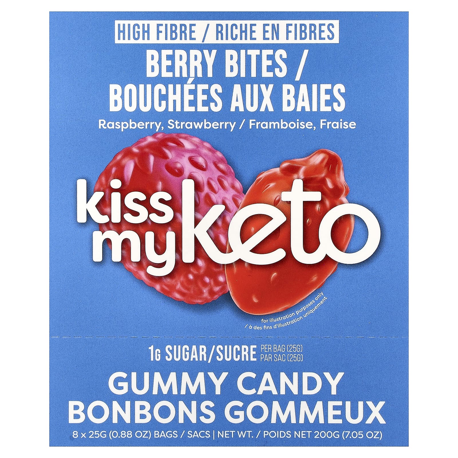 Kiss My Keto, жевательные конфеты, ягодный вкус, малина и клубника, 8 пакетиков по 25 г (0,88 унции)
