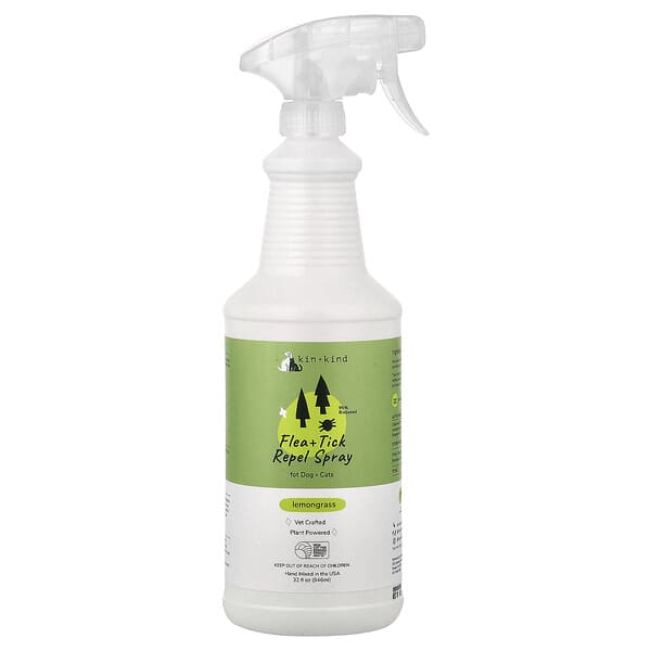 Kin+Kind, 벼룩 + 진드기 방지 스프레이, 반려견 및 반려묘용, 레몬그라스, 946ml(32fl oz)