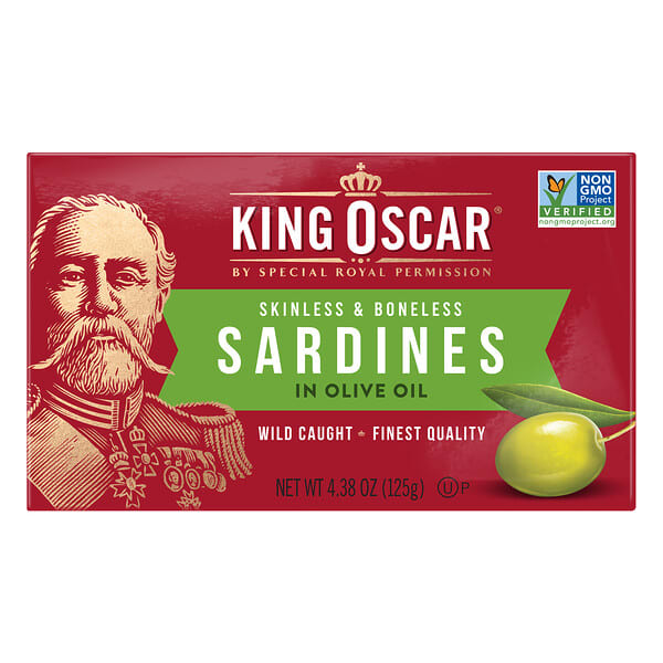 King Oscar, Sardinas en aceite de oliva sin piel y deshuesadas, 125 g (4,38 oz)